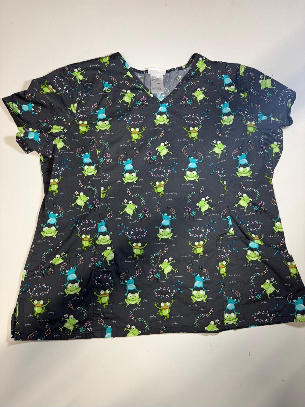 Scrubstar Black Scrub Top with Green and Teal Frog Print